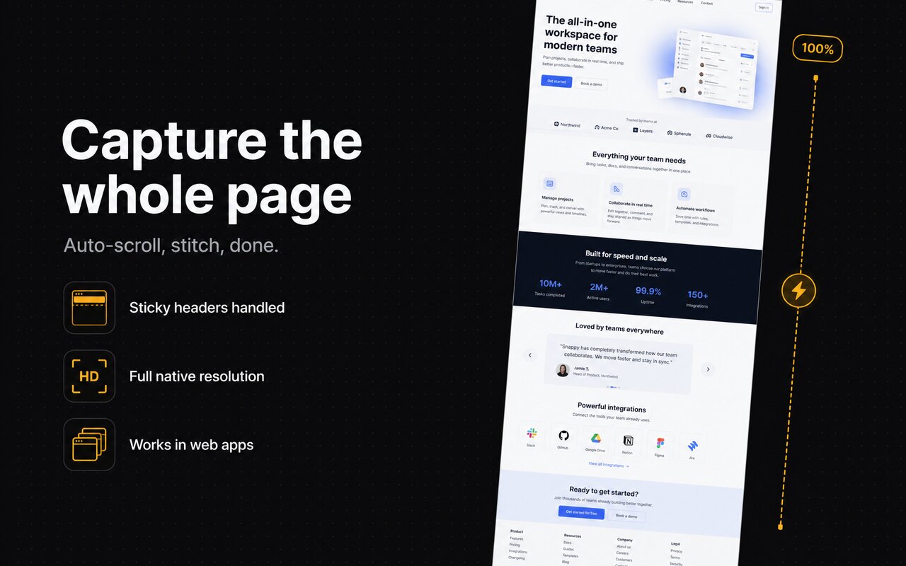 Full-page capture: auto-scroll and stitch the whole page at native resolution
