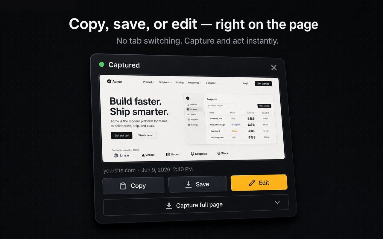The quick-actions card: copy, save, edit, or capture the full page without leaving your tab